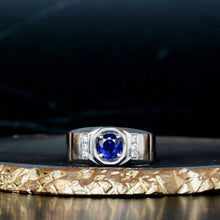 Natural Blue Sapphire Round Cut High Quality Hand Made Solid Sterling Silver Gents Ring/ Personalized Mens Engagement Ring/ Rings