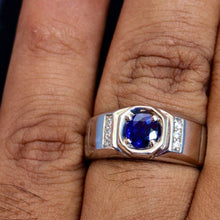 Natural Blue Sapphire Round Cut High Quality Hand Made Solid Sterling Silver Gents Ring/ Personalized Mens Engagement Ring/ Rings