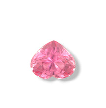 Heart-shaped Padparadscha sapphire face-up view — untreated gem with vivid salmon-peach hues and exceptional symmetry